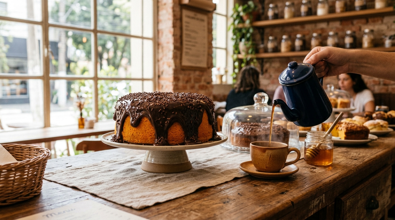 Mesa de café da tarde e bolos caseiros artesanais d'A Bolaria Jardim São Paulo
